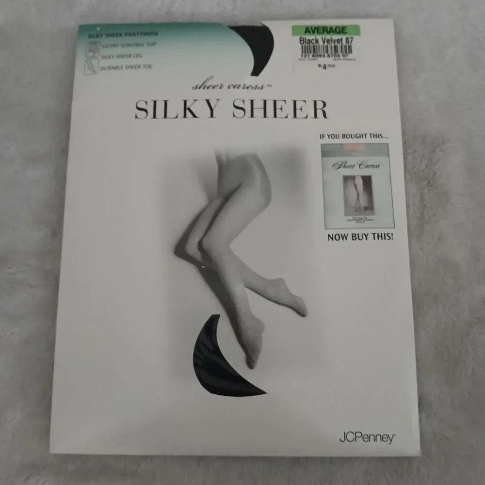 New Old Stock Vintage JCPenney Sheer Caress Silky Sheer Pantyhose Black Average